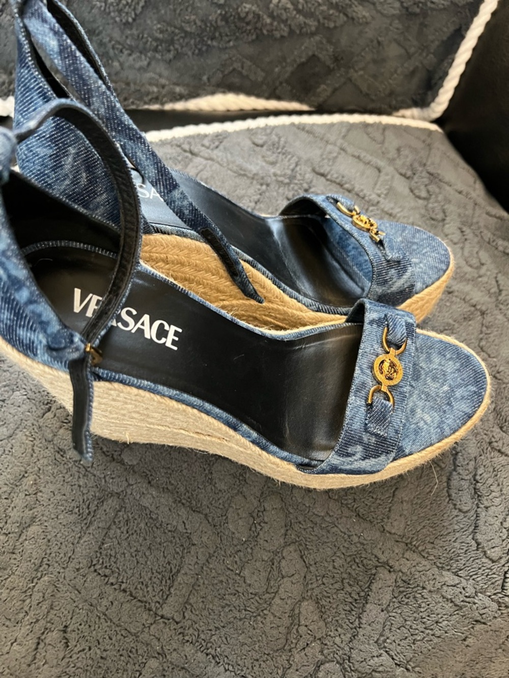Versace Denim Blue Espadrille Wedge Sandals with Ankle Strap - Picture 2 of 8
